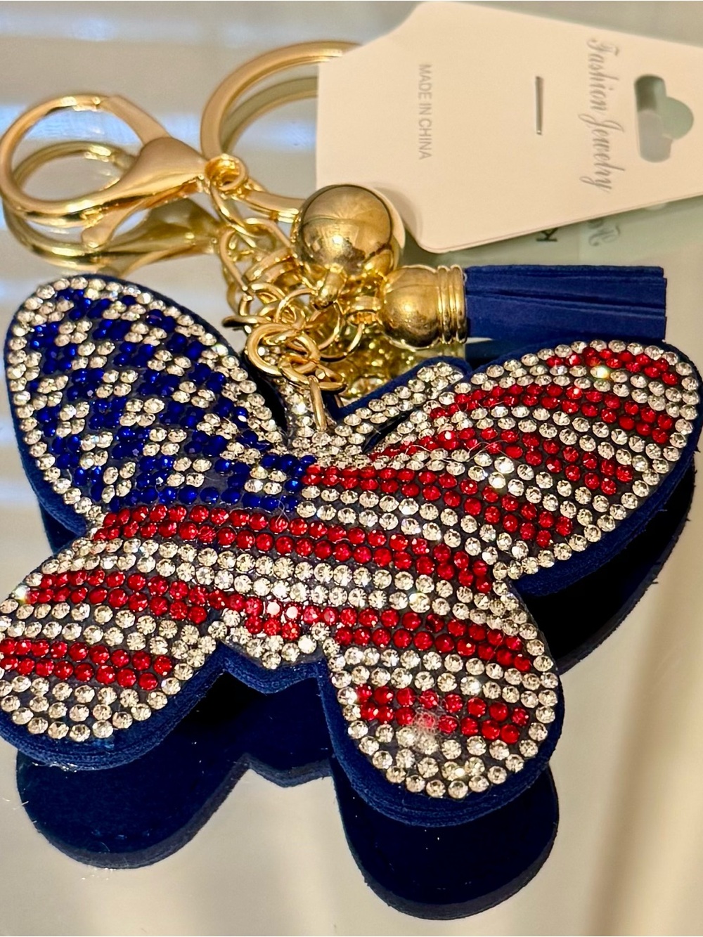 Fashion Jewelry Red White Blue Crystal Butterfly Keychain/bag charm